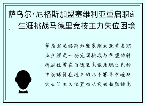萨乌尔·尼格斯加盟塞维利亚重启职业生涯挑战马德里竞技主力失位困境 萨乌尔·尼格斯加盟塞维利亚重启职业生涯挑战马德里竞技主力失位困境